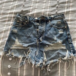 Blue Distressed Jean Shorts with Frayed Hem